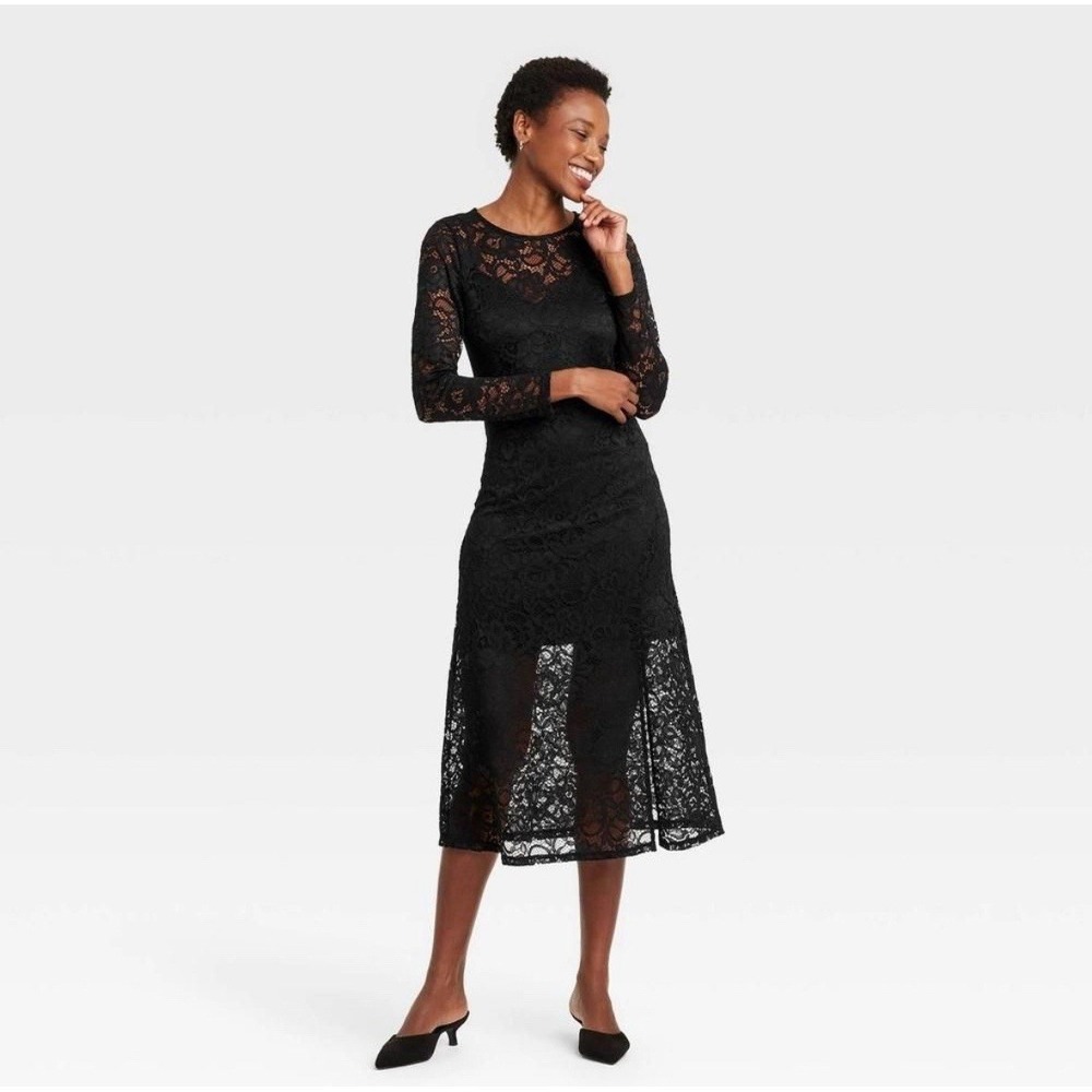 A New Day Black Floral Lace Dress Women L Long Sleeve Maxi
